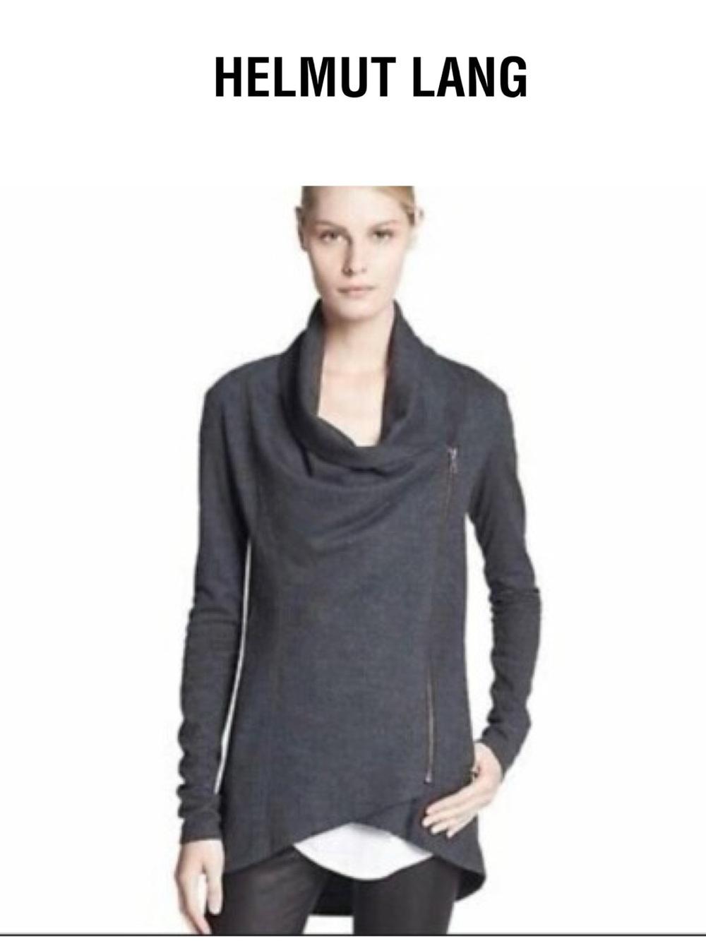 Helmut Lang Charcoal Draped Cowl Zip Knit Asymmetrical Jacket